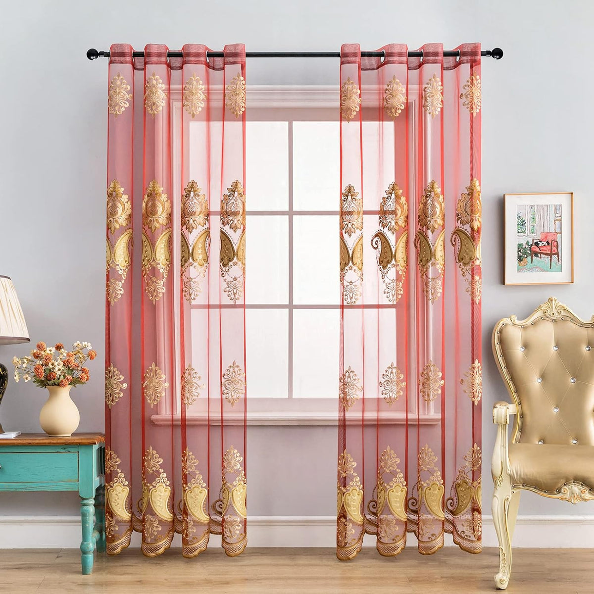 Luxury Embroidered Sheer Curtains (Set of 2 Panels) for Living Room Burgundy Red Tulle Curtains for Bedroom Transparent Yarn Curtain