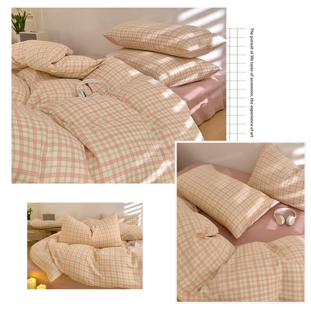Pink Plaid Gingham Duvet Cover Set Queen, Muslin Cotton Lightweight Soft Bedding Set, Plaid Checkered Pattern Bedding