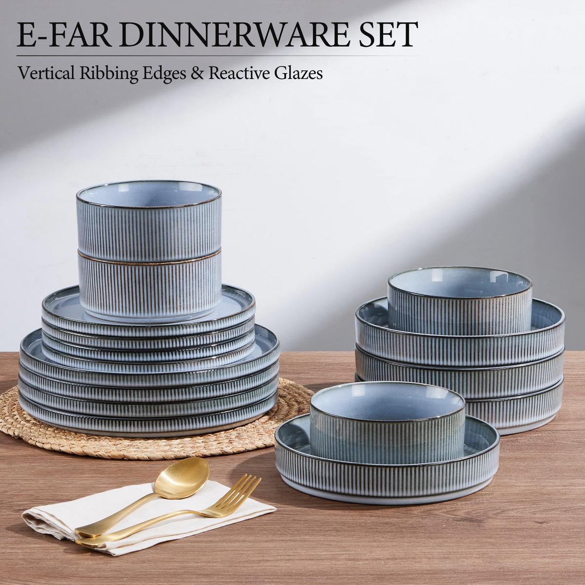 16 Piece Dinnerware Sets, Plates and Bowls with Pasta Bowls Service for 4, Modern Stoneware Ribbed Dishes Dining
