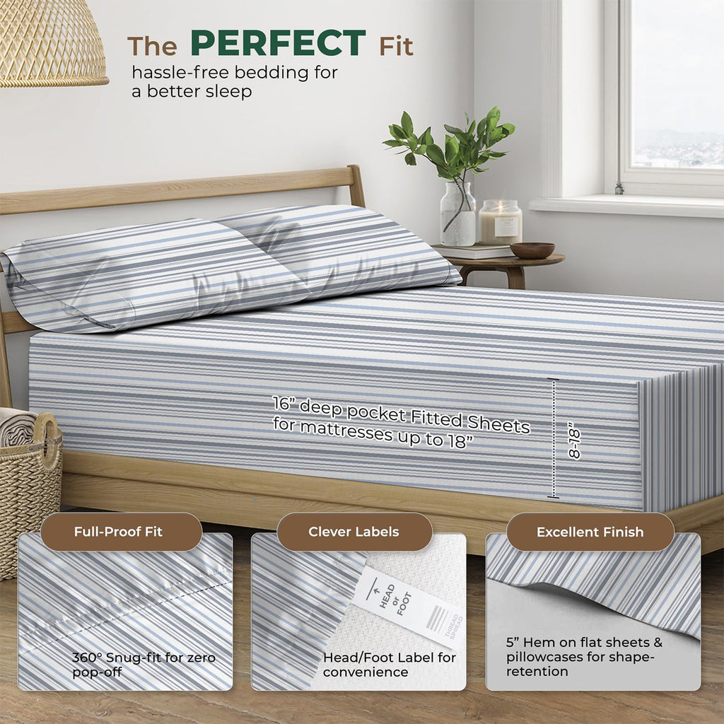 100% Organic Cotton Sheets - Organic Cotton Percale Sheet Set (4 PC, Variegated Stripe), Soft