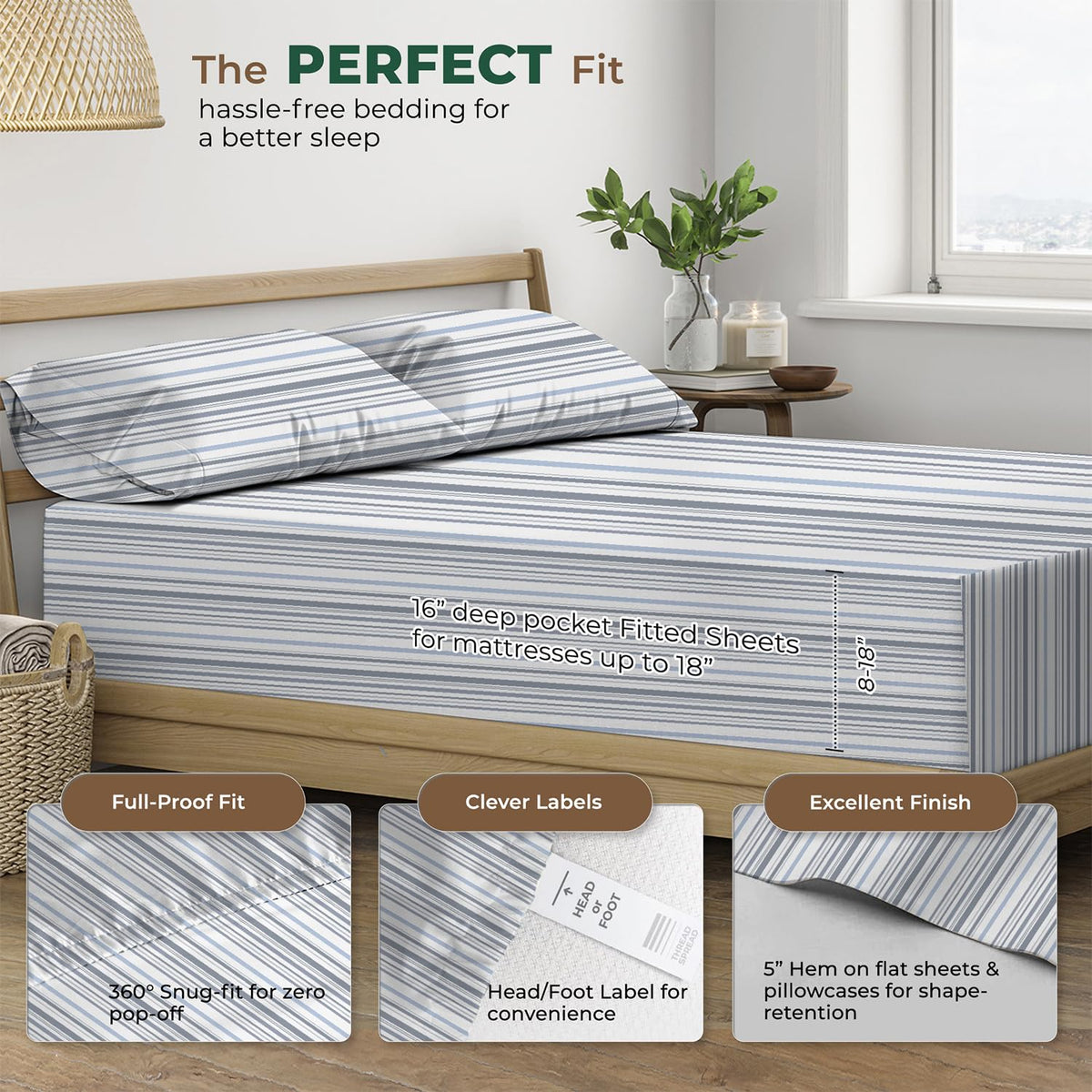 100% Organic Cotton Sheets - Organic Cotton Percale Sheet Set (4 PC, Variegated Stripe), Soft