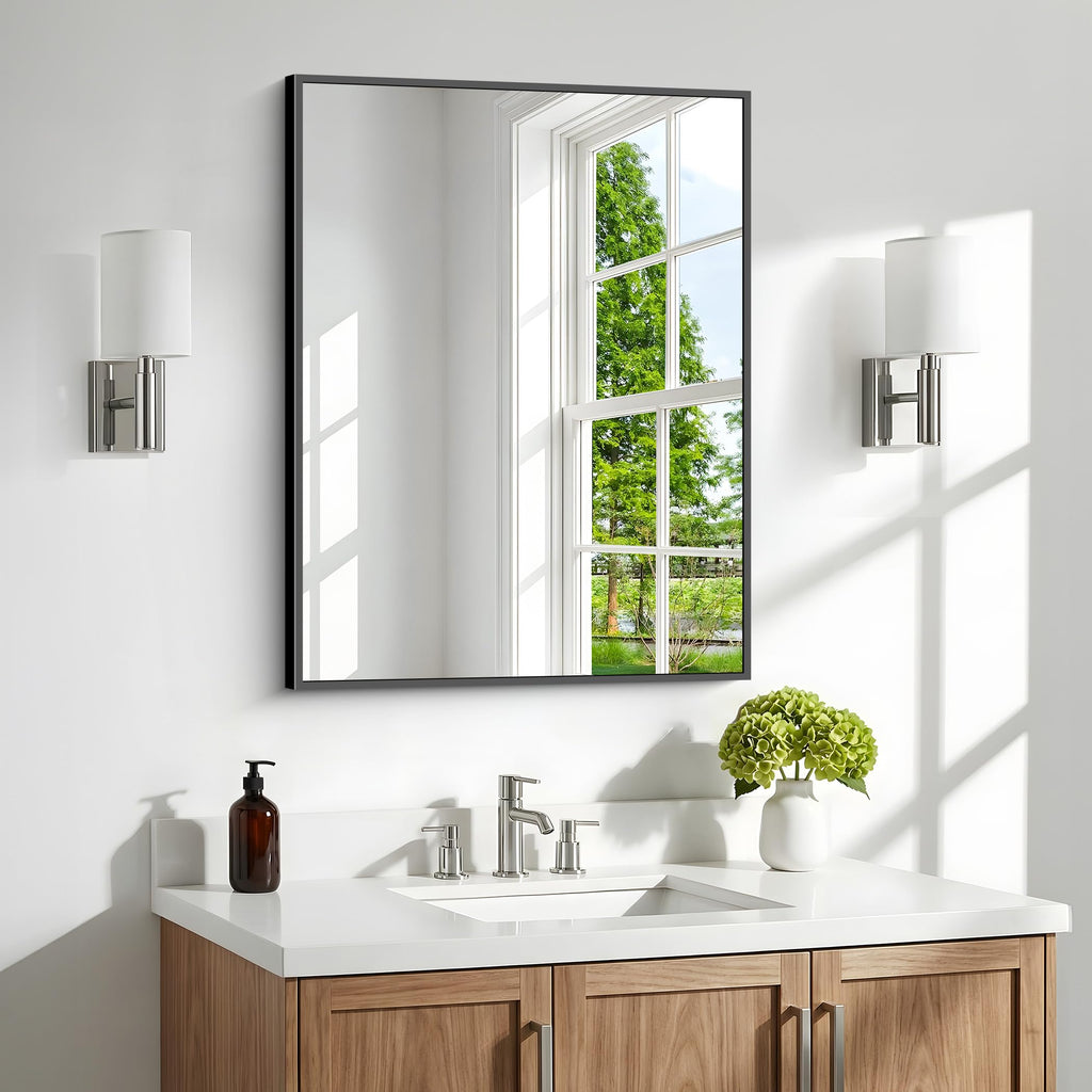 Bathroom Mirror, 24x30 inch Wall Mirror Wall Mounted Black Rectangle Square Corner Mirrors, Black Bathroom Mirror