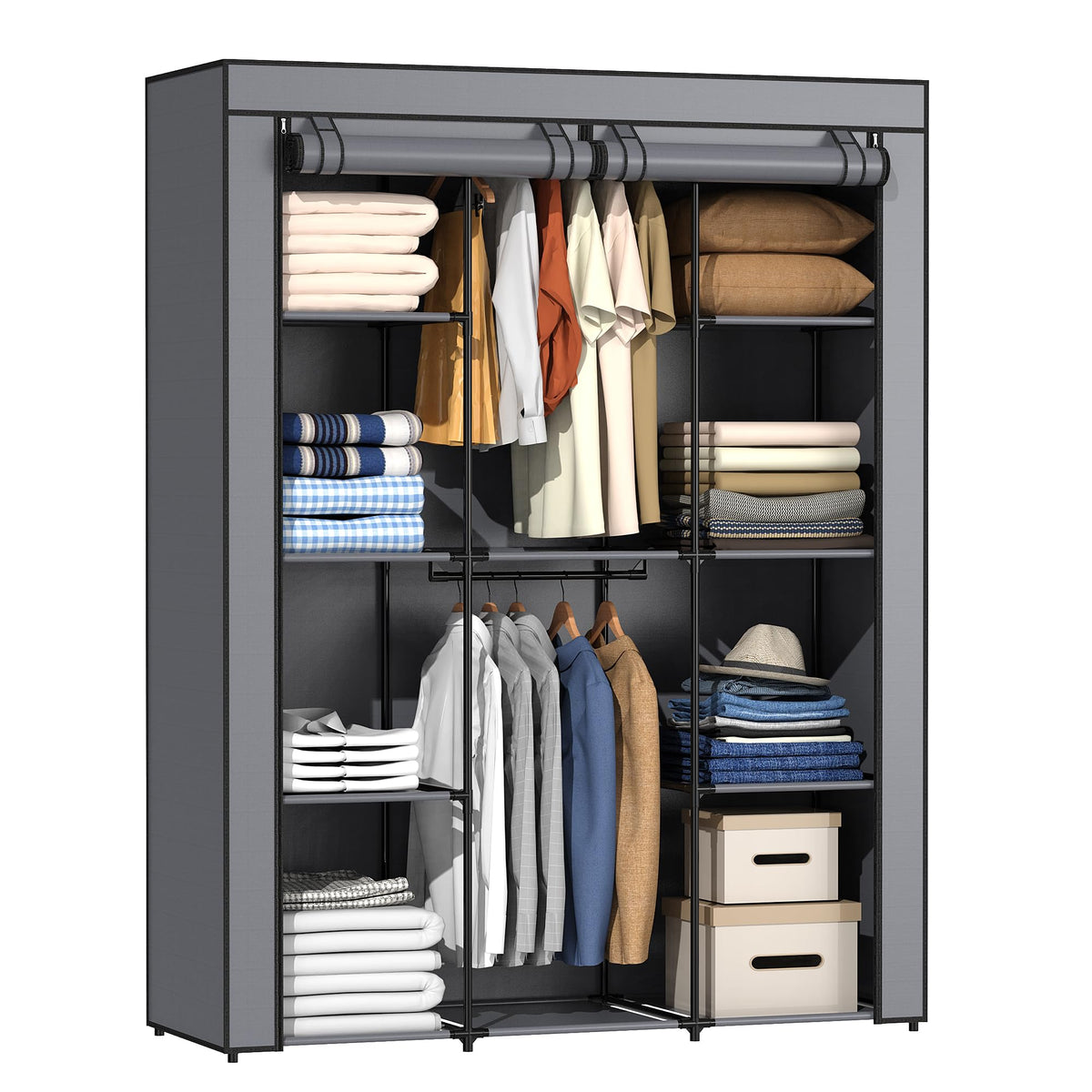 Portable Closet, Wardrobe Closet with 10 Storage Shelves and 2 Hanging Rods, Non-Woven Fabric Cover, 52.4 x 18.1 x