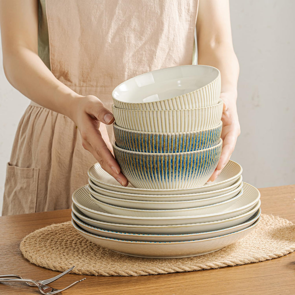 12-Piece Stoneware Dinnerware Set, Beige Reactive Glaze for 4