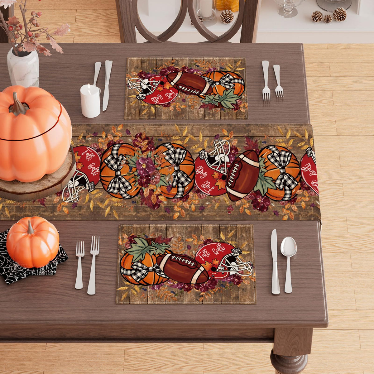 Fall Football Helmet Pumpkin Placemats Set of 6 Table Decor 12x18 Inch