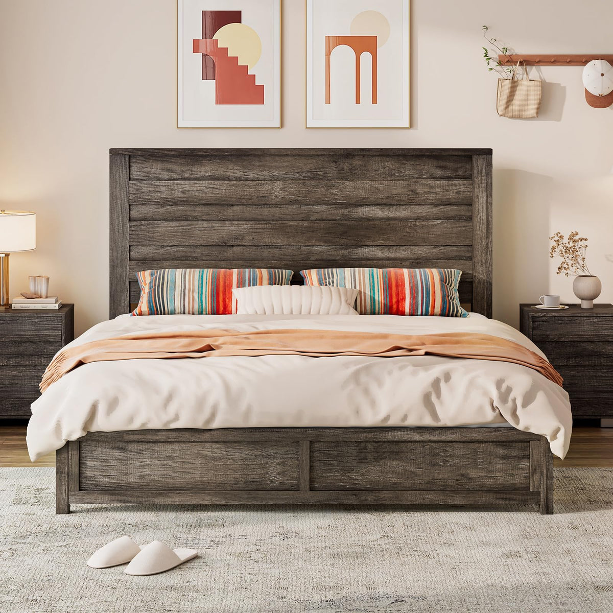 Farmhouse Bed Frame with 49" Tall Headboard