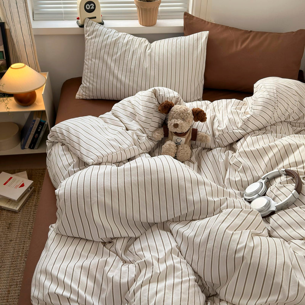 Vintage Striped Comforter Set 3-Piece Bed Set Brown&White