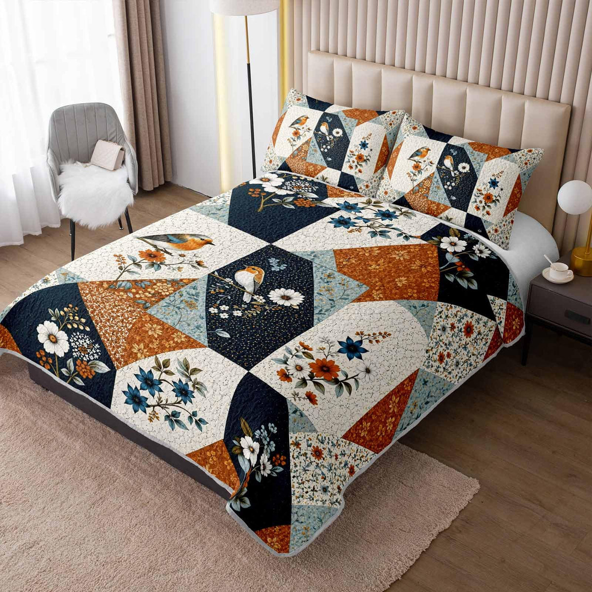 Cream Floral Diamond 3-Piece Quilt Set with 2 Pillow Shams, Farmhouse Patchwork Soft Lightweight Microfiber