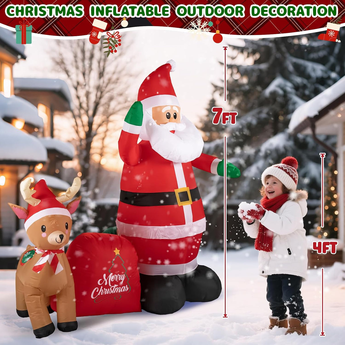 7Ft Christmas Inflatable Santa Clau Built-in LED Lights, Outdoor Decoration Santa with Reindeer and Christmas Ball