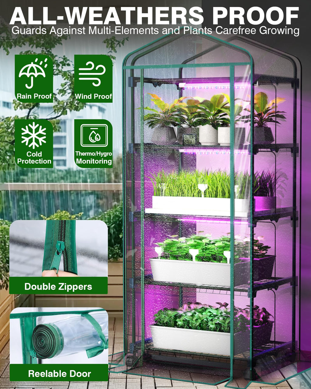 Mini Indoor Greenhouse with Grow Light - Small Portable Outdoor Plant Green House Cabinet with Wheels, Thermometer