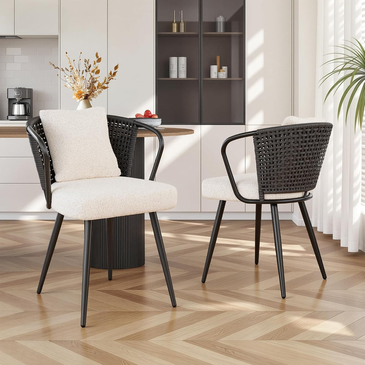 Modern Rattan Dining Chairs Set of 6, Upholstered Kitchen Chair with Metal Legs, Ergonomic Curved Backrest, Mid