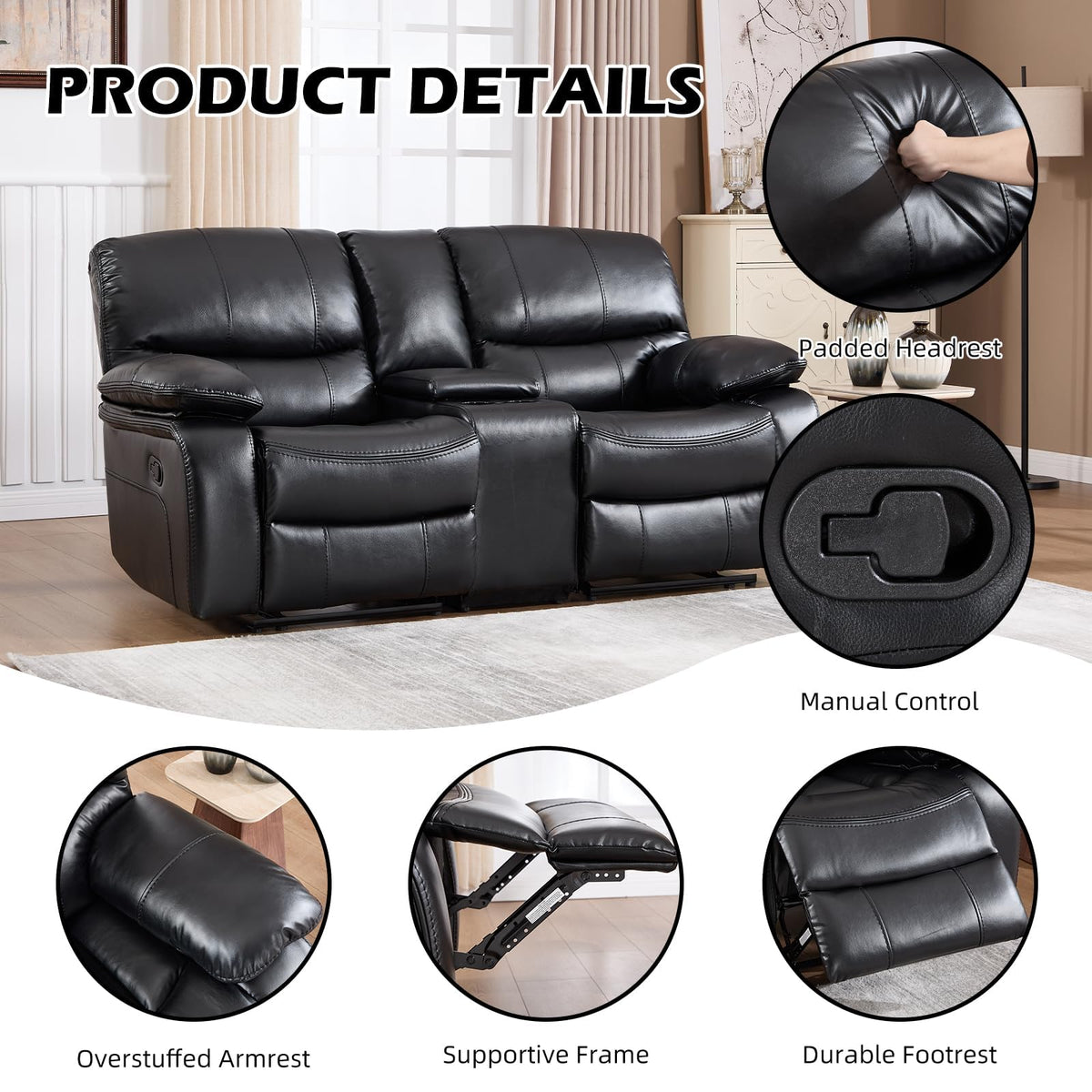Faux Leather Manual Recliner Sofa Set, Americana Minimalist 2 Recliner Chairs and 1 Reclining Loveseat with Center