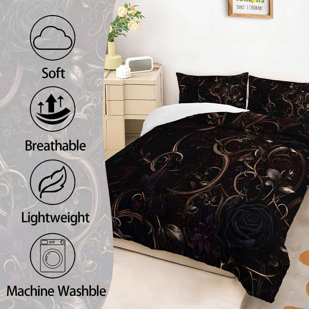 Queen 3 Piece Comforter Set, Black Rose Burgundy Baroque Filigree, Soft Lightweight All Season Bedding with 2