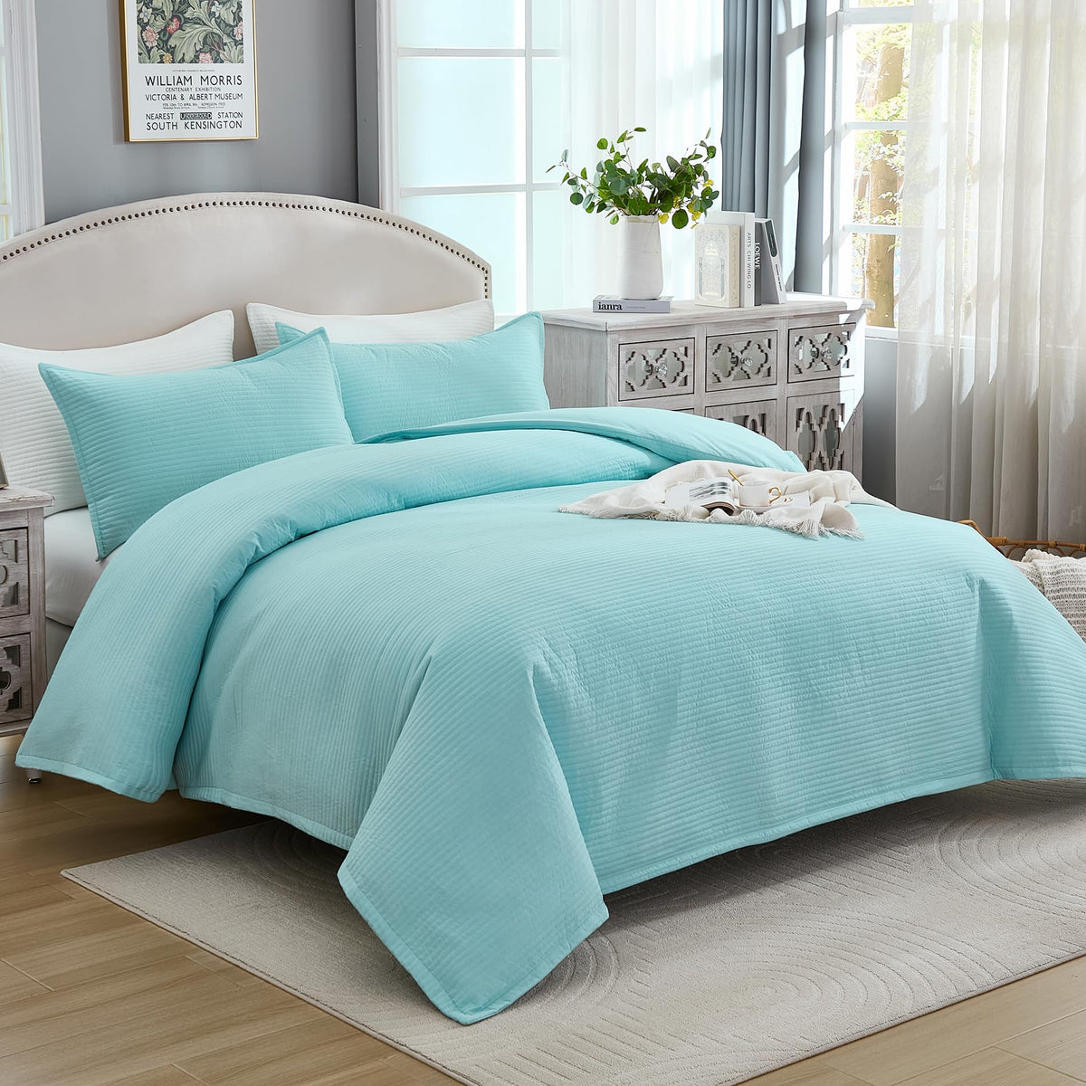 Stripe Quilted Duvet Cover Set, Soft Lightweight Coverlet, 3 Pieces Quilt Set Multi-Purpose Bedding Set for All