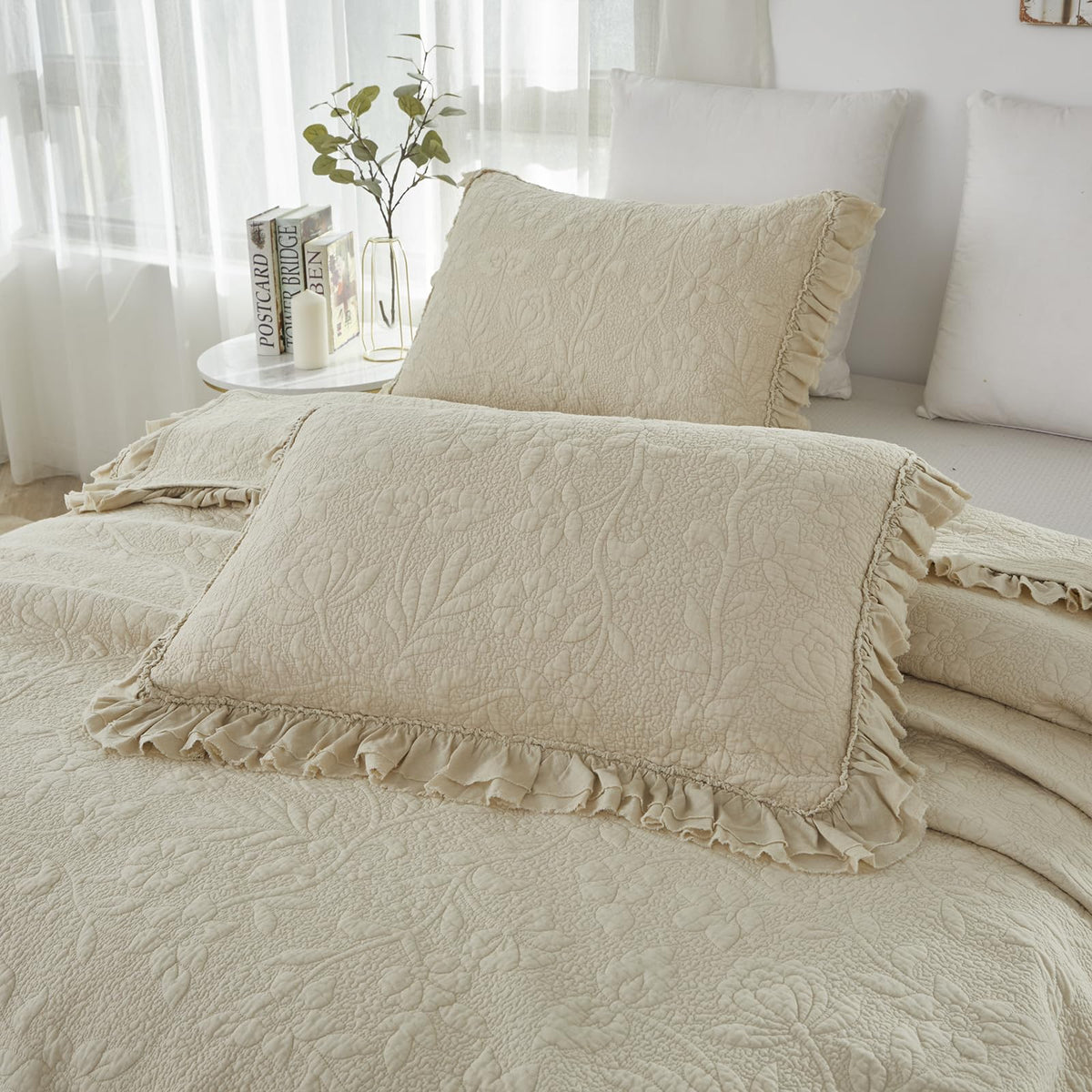 White Beige Quilt Set Queen Size Bedspreads Cotton Farmhouse Luxury Matelasse Bedding Ruffle Bedspread 3-Piece