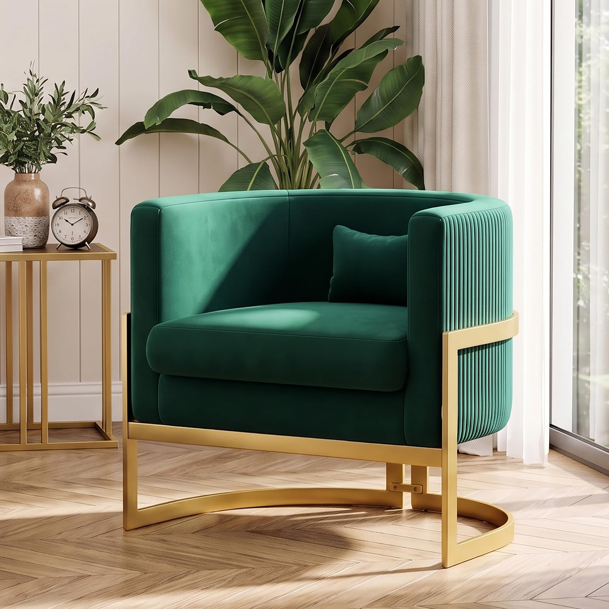 Green Accent Chair Modern Velvet Barrel Chair with Gold Metal Legs