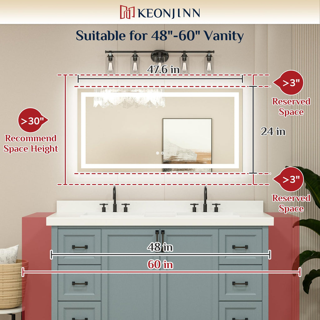 48x24 Inch LED Bathroom Mirror with Lights, Frontlit & Backlit