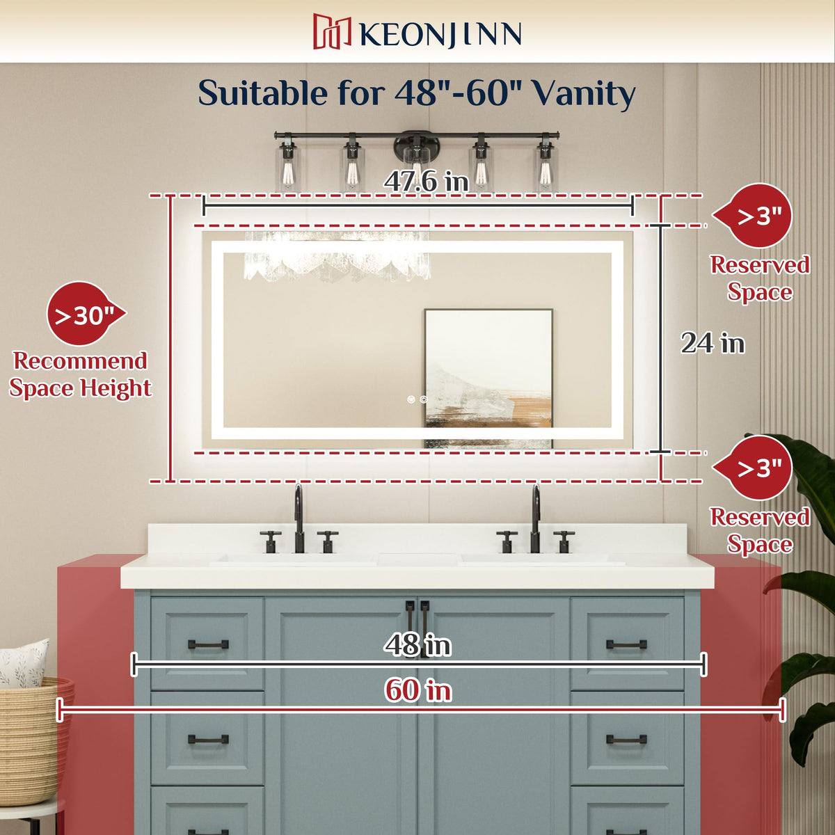 48x24 Inch LED Bathroom Mirror with Lights, Frontlit & Backlit