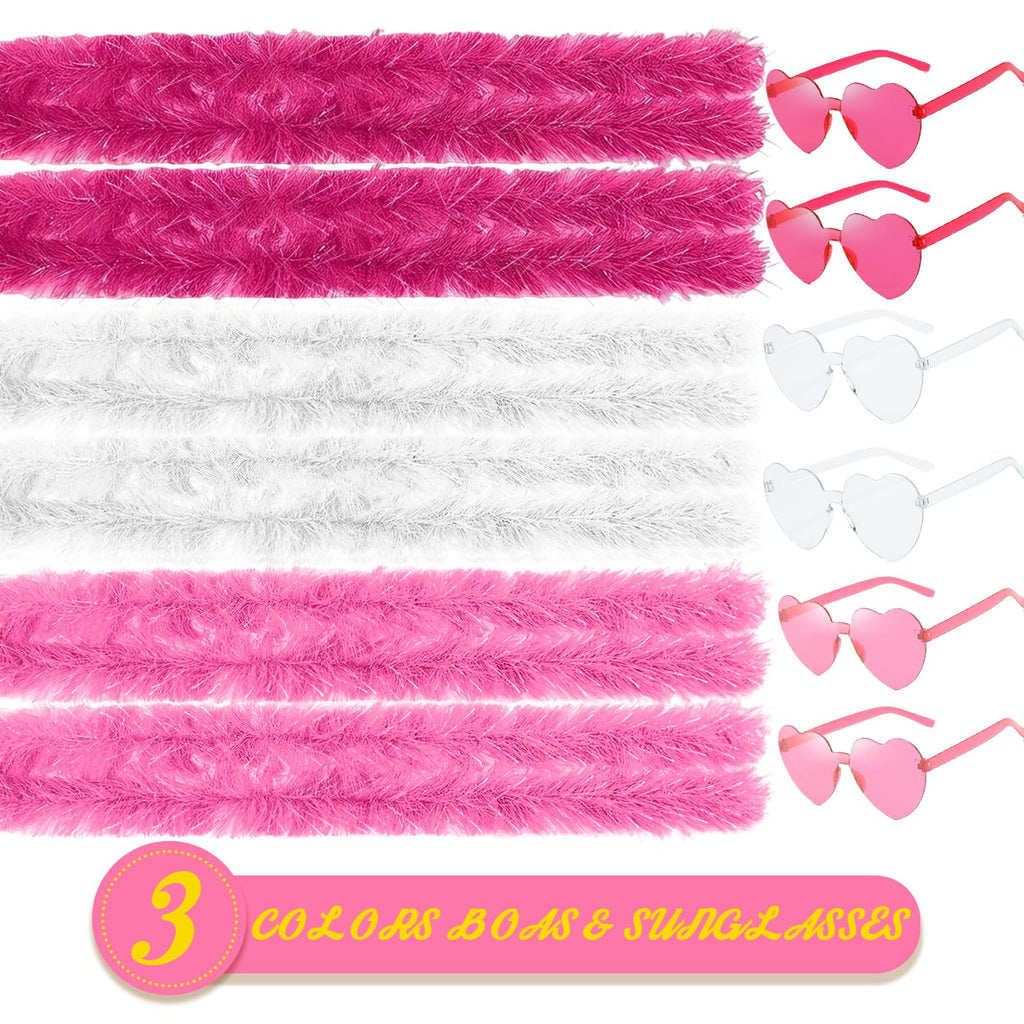 Fluffy Artificial Feather Boas 6Pcs with Heart Sunglasses Party Favors for Wedding Birthday Christmas (Pink,White&Hot