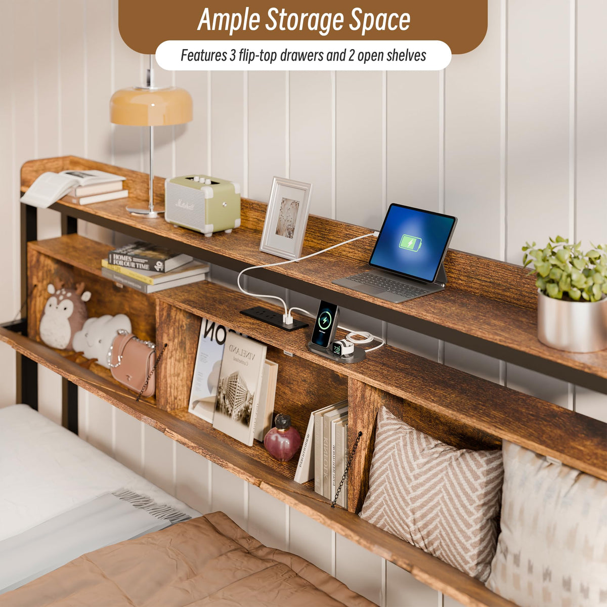 Twin Metal Daybed with Pop Up Trundle, Twin to King Expandable Bed Frame with Storage Headboard & Charging Station