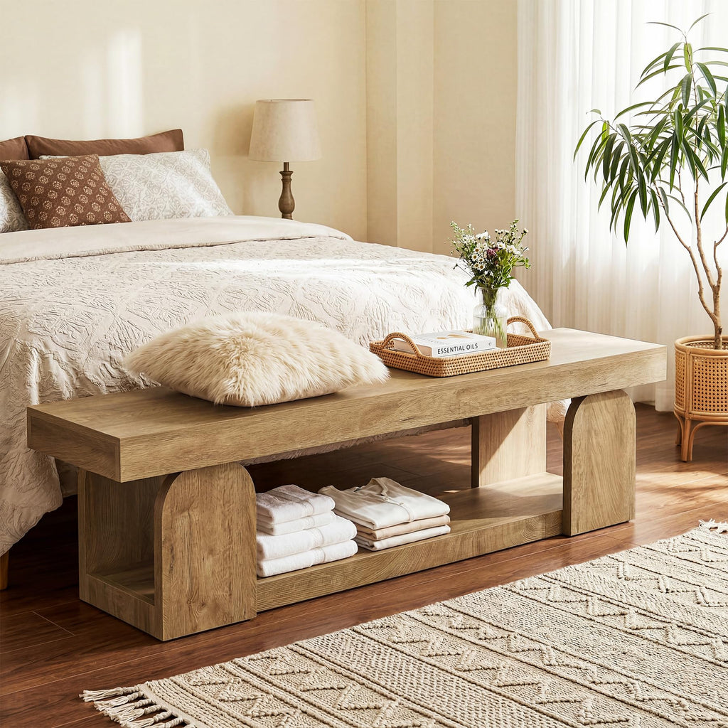 63-Inch Long Entryway Bench, Farmhouse Entry Shoe Bench with Storage Shelf, Wooden Indoor End of Bed Bench Seat