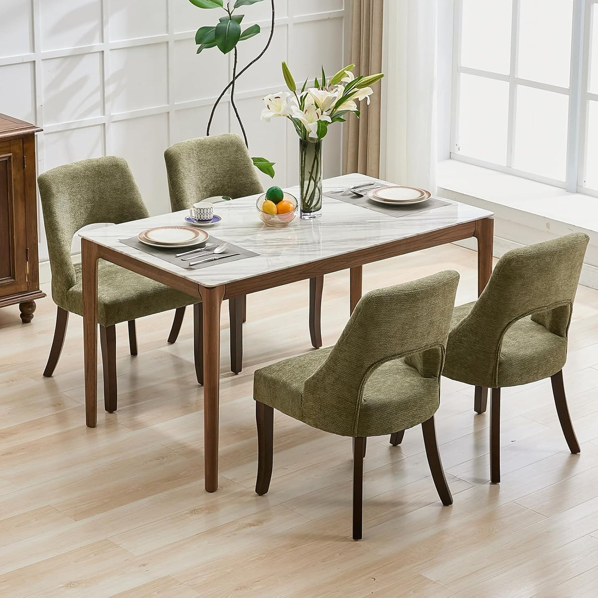 Wooden Dining Chairs Set of 2, Mid-Century Modern Chenille Upholstered Kitchen Chairs with Solid Wood Legs, Farmhouse Dining Room Chairs, Green