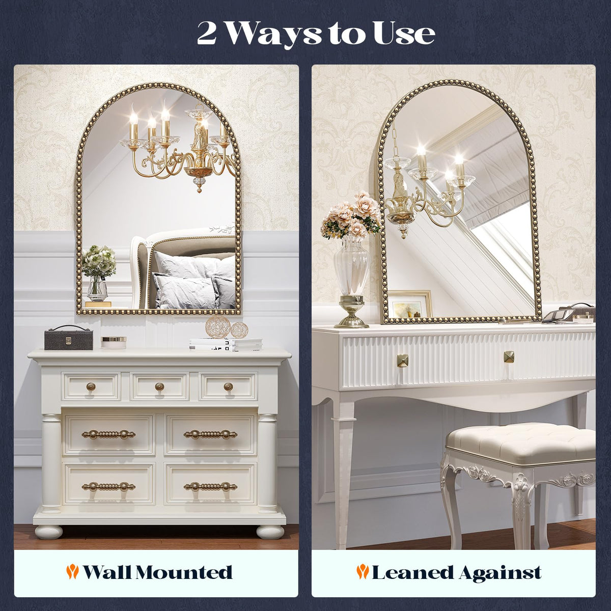 Glod Arched Bathroom Mirror,24"x38" Champagne Bronze Beaded Mirror