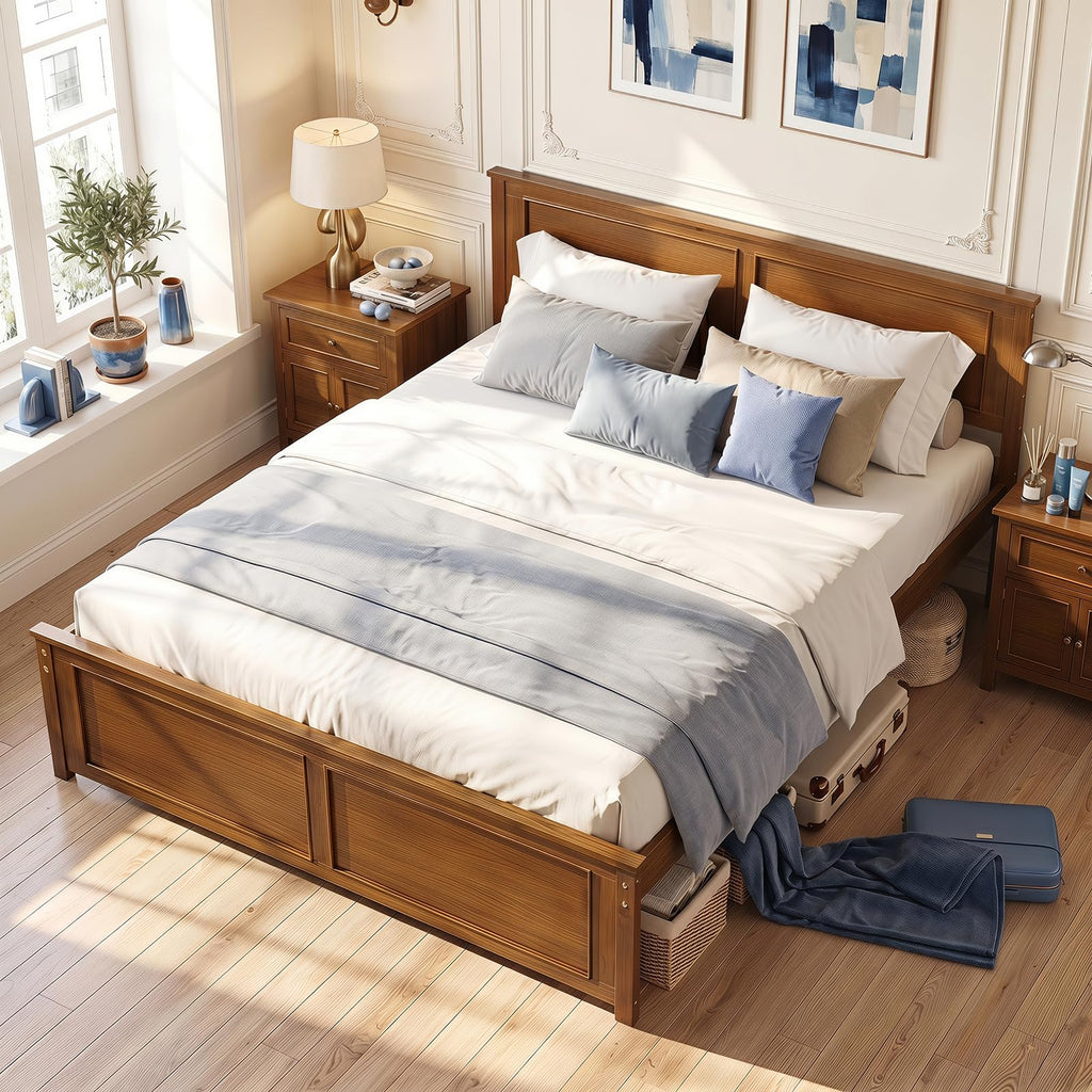 Queen Size Bed Frame, Farmhouse Wooden Platform Bed with Headboard