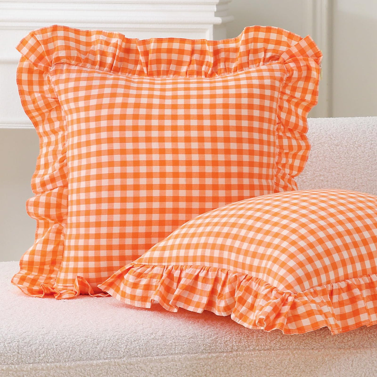 2 Pack Pumpkin Orange Gingham Ruffle Throw Pillow Covers 18"x18"