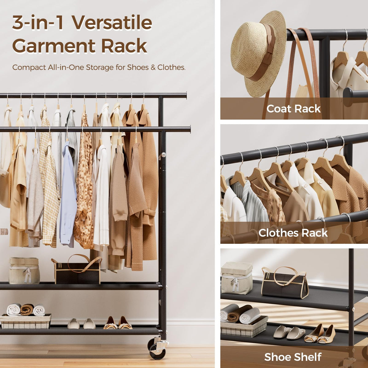 Clothes Rack,Double Rods Rolling Clothing Rack for Hanging Clothes,Portable Garment Rack with 2-Tier Storage