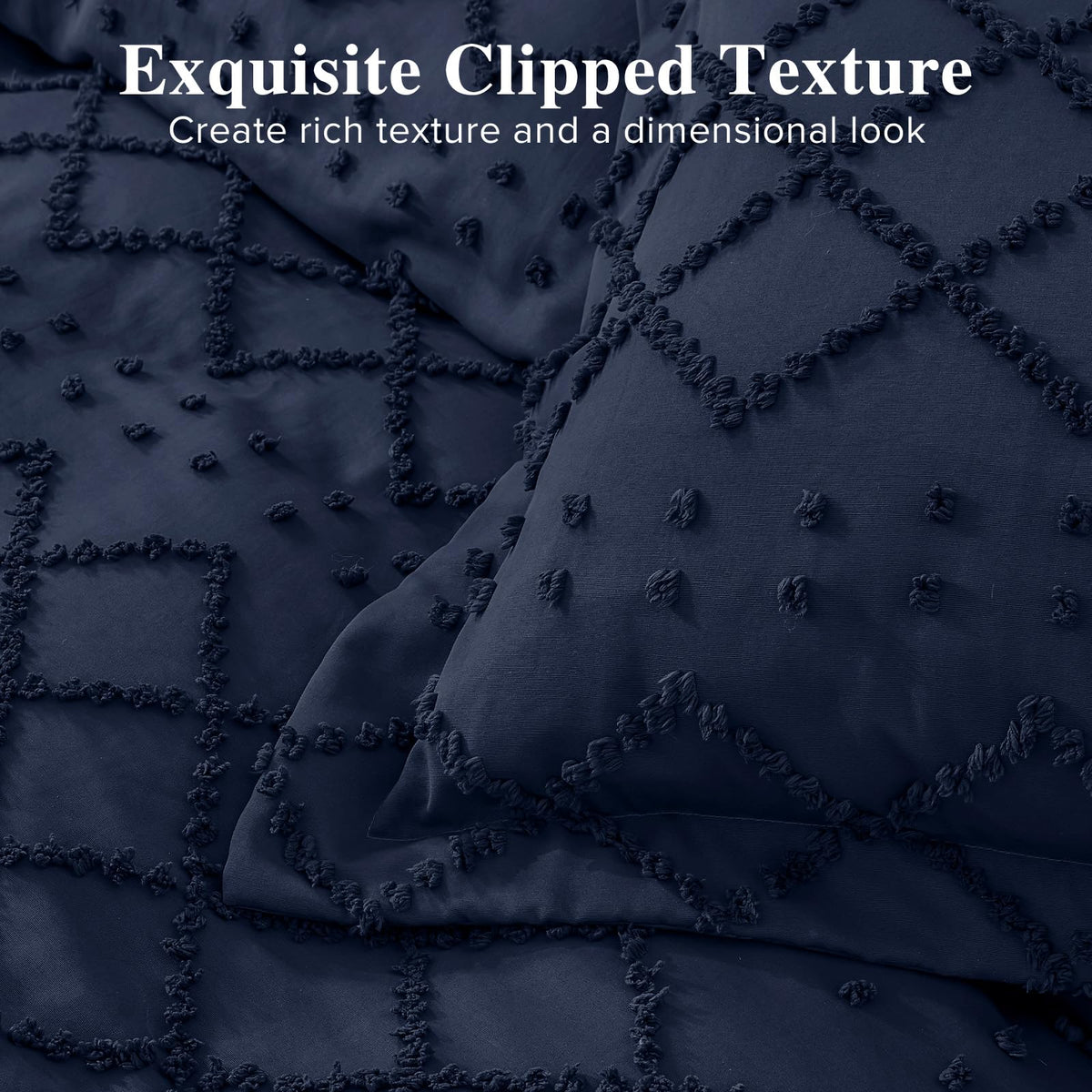 Boho Duvet Cover Set, Tufted Embroidery Bedding, 3 PCS, Navy Blue