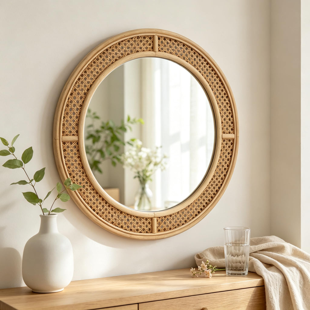 Round Rattan Wall Mirror with Wooden Framed, Modern Boho Decorative Mirror, Entry, Living Room, Bedroom, 24 Inch