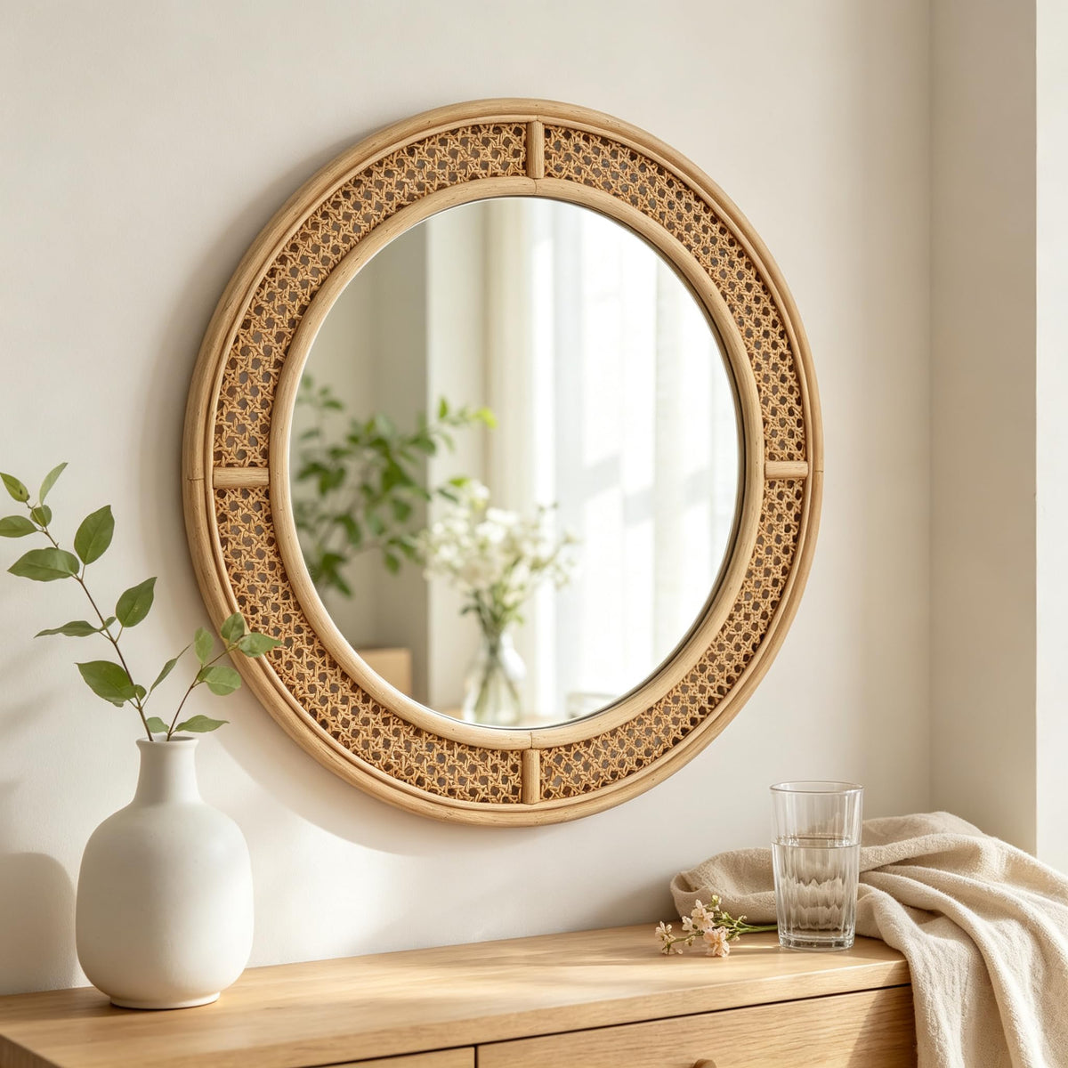 Round Rattan Wall Mirror with Wooden Framed, Modern Boho Decorative Mirror, Entry, Living Room, Bedroom, 24 Inch