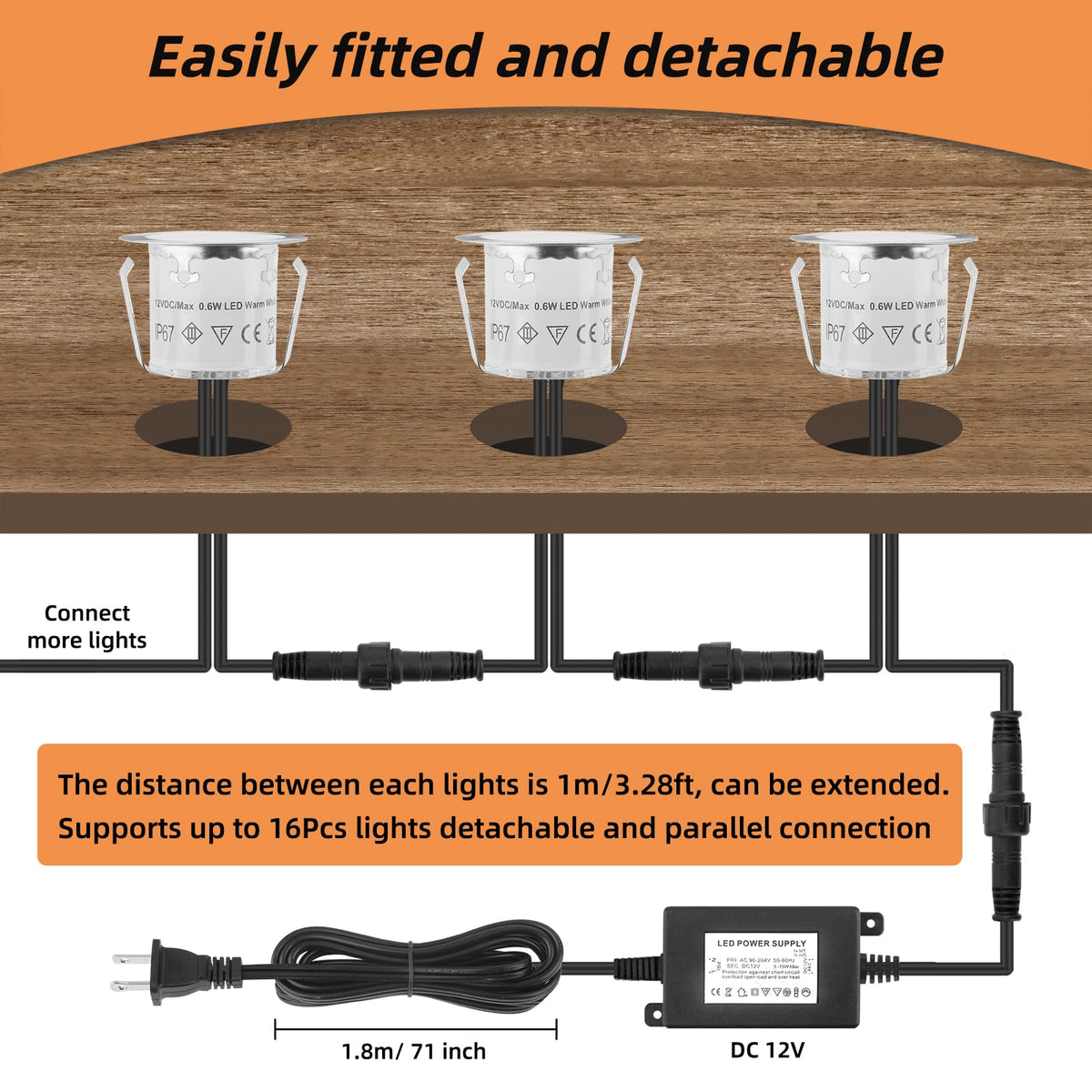 16 Pack Recessed LED Deck Light Kits with 12V Power Adapter, 32mm Warm White, IP67 Waterproof Low Voltage Deck