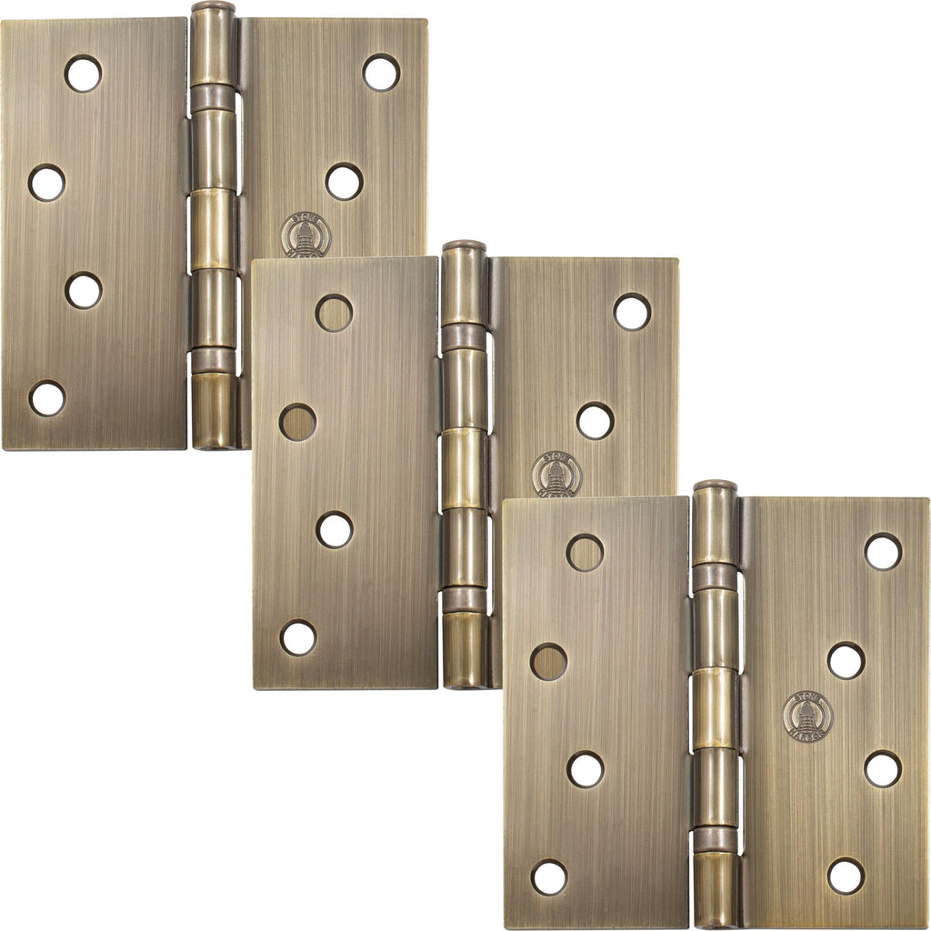 4" Ball-Bearing Door Hinges, Square Corner, Antique Brass, 3-Pack