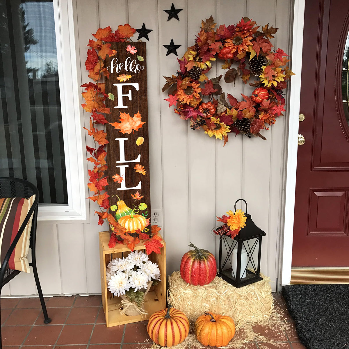 Hello Fall Welcome Sign for Front Porch Standing, Wooden Porch Sign with Leaves for Front Door Decorations, Rustic