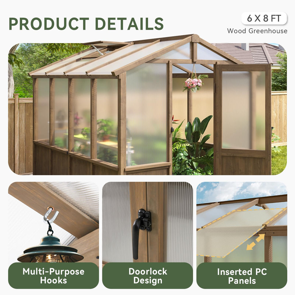 6x8 FT Wooden Greenhouse for Outdoors, 6MM Thick Polycarbonate Panel, Walk-in Green House Kit with Adjustable Roof