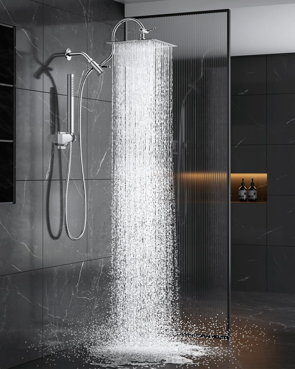 All Metal Dual Shower Heads Combo with Curved Extension Arm, 10" Rain Shower Head with Handheld Spray