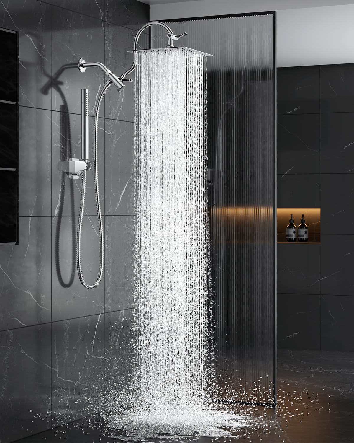 All Metal Dual Shower Heads Combo with Curved Extension Arm, 10" Rain Shower Head with Handheld Spray