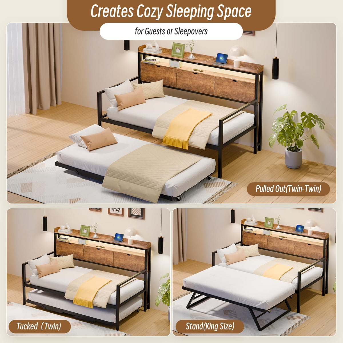 Twin Metal Daybed with Pop Up Trundle, Twin to King Expandable Bed Frame with Storage Headboard & Charging Station