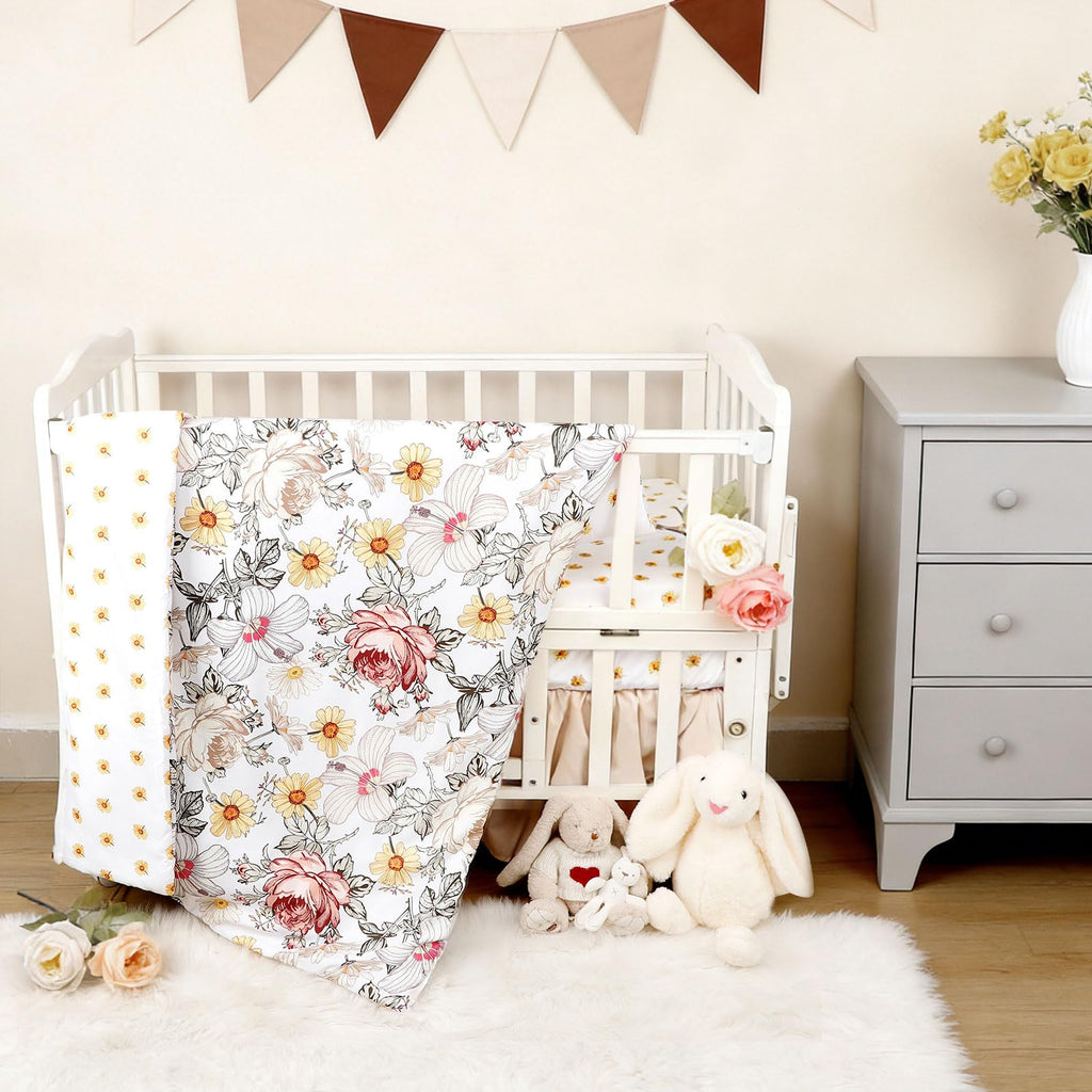 4-Piece Crib Bedding Set for Girls, Boho Baby Girl Bedding Set with Crib Skirt, Baby Quilt, Crib Sheet and Diaper