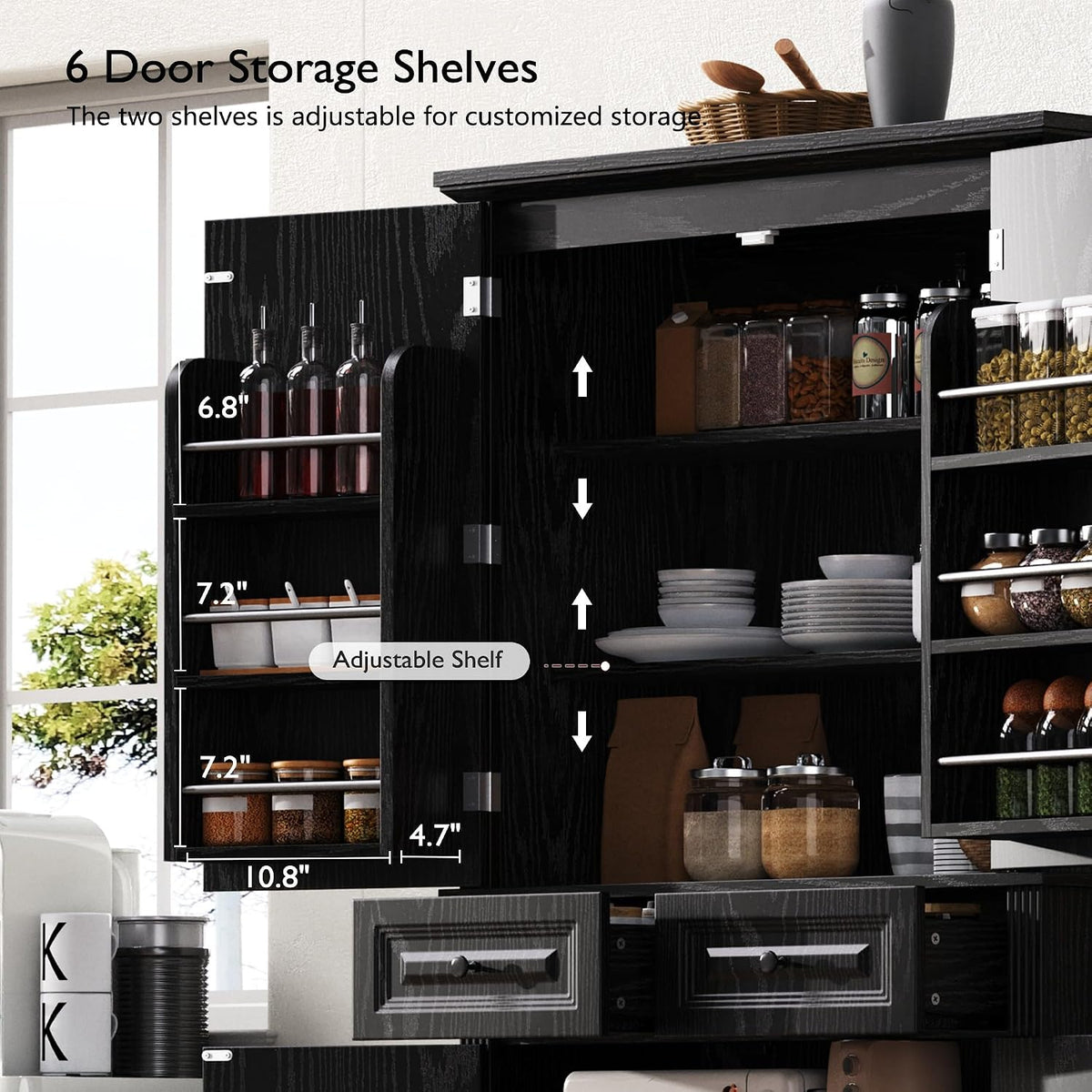 Farmhouse Pantry Cabinet with Drawers and Door Shelves, Black | Farmhouse Pantry Cabinet, Tall Storage Cabinet With