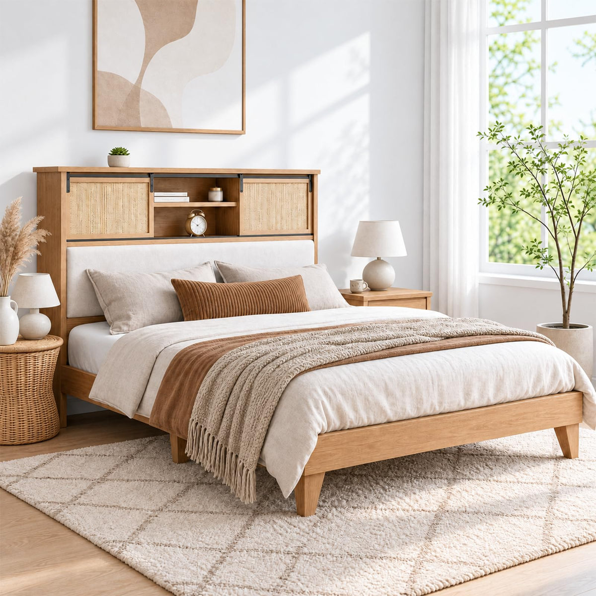 Full Bed Frame, Wood Platform Bed with Storage Headboard