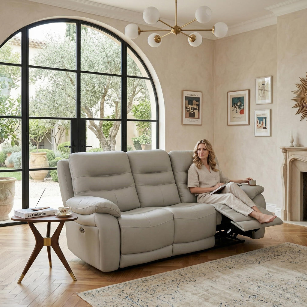 Power Reclining Sofa, 3-Seater Genuine Leather Recliner Couch
