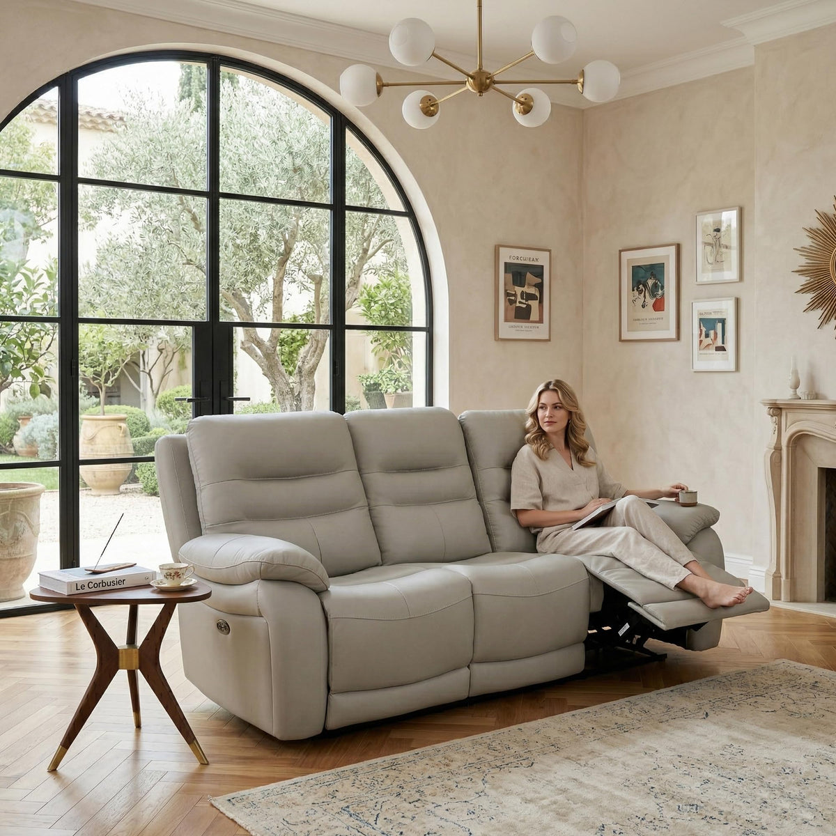 Power Reclining Sofa, 3-Seater Genuine Leather Recliner Couch