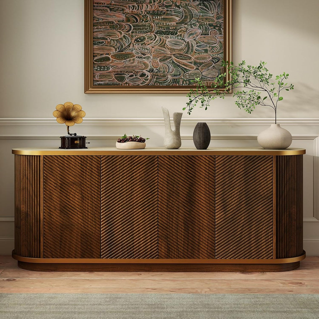 Sideboard Buffet Cabinet with Storage,Mid Century Modern Credenza,Walnut | Faux Marble Top,Diagonal Fluted