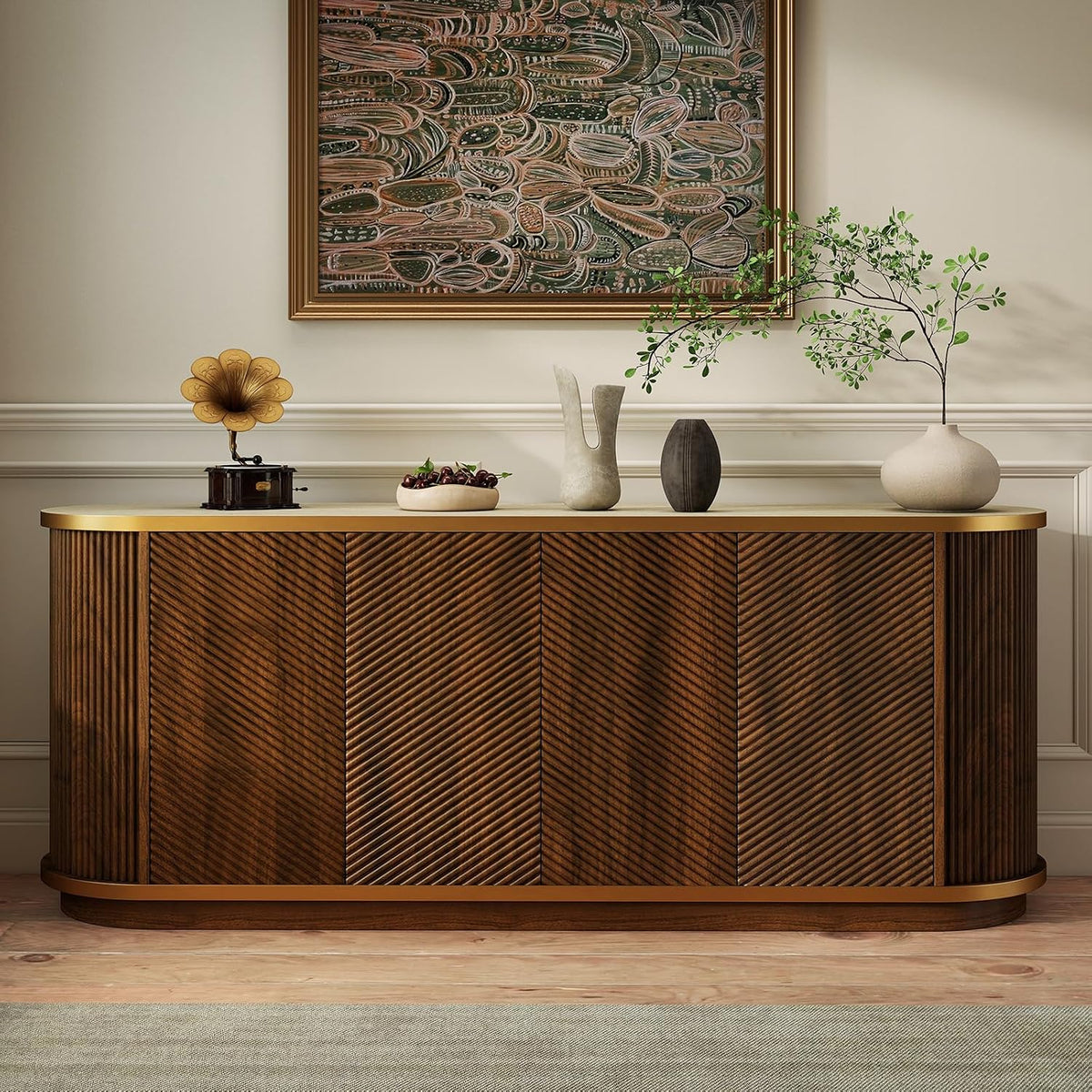 Sideboard Buffet Cabinet with Storage,Mid Century Modern Credenza,Walnut | Faux Marble Top,Diagonal Fluted