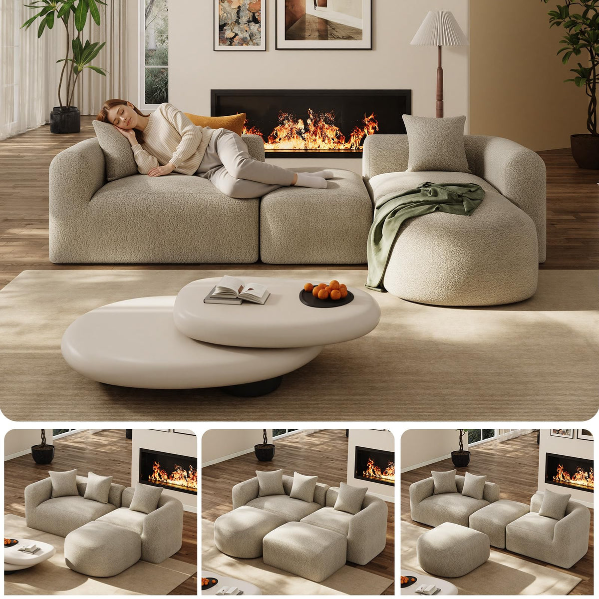 119" Curved Modular Sectional with Ottoman, Light Brown