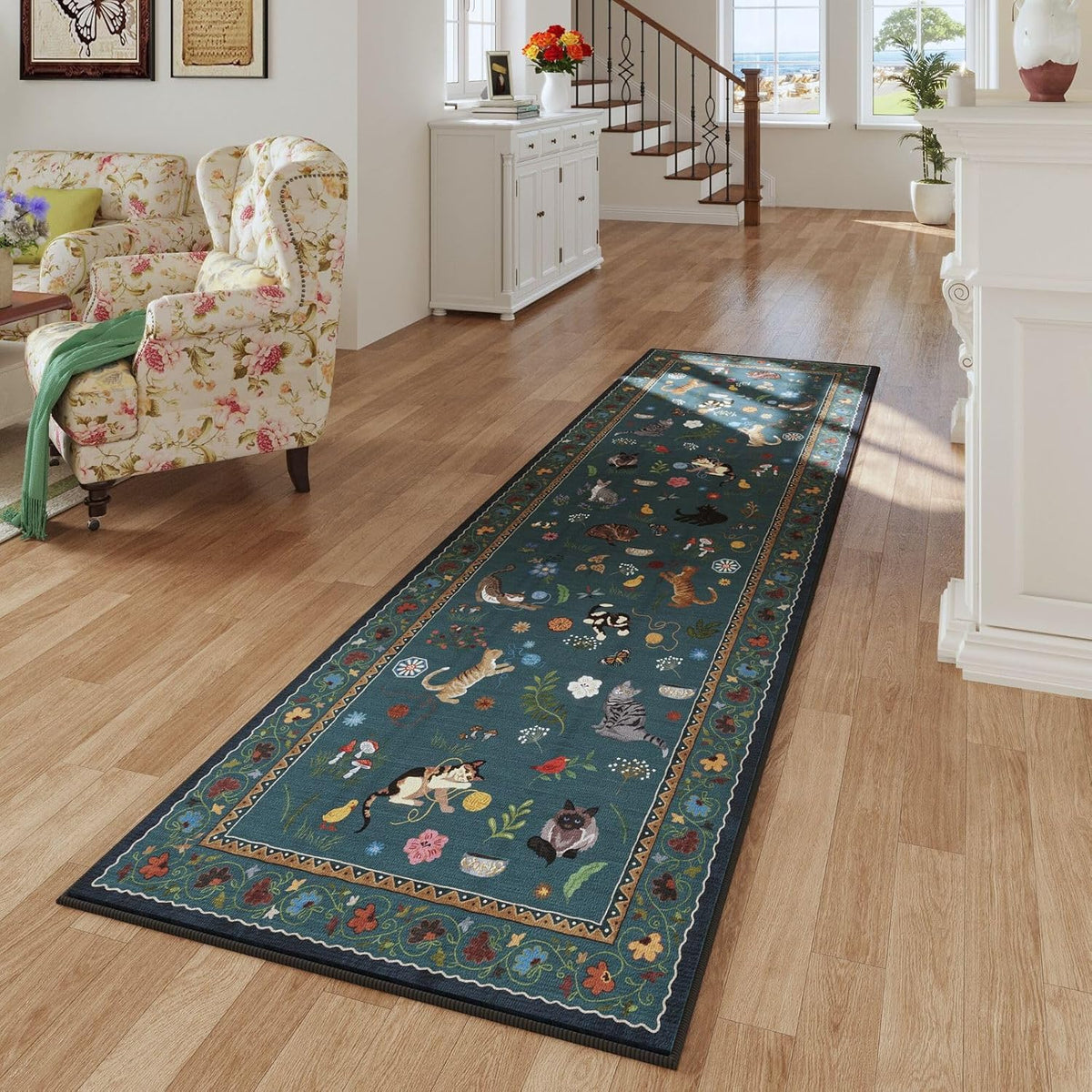 Runner Rug Washable Non Slip Floral Cat, Pearl Gentian Blue