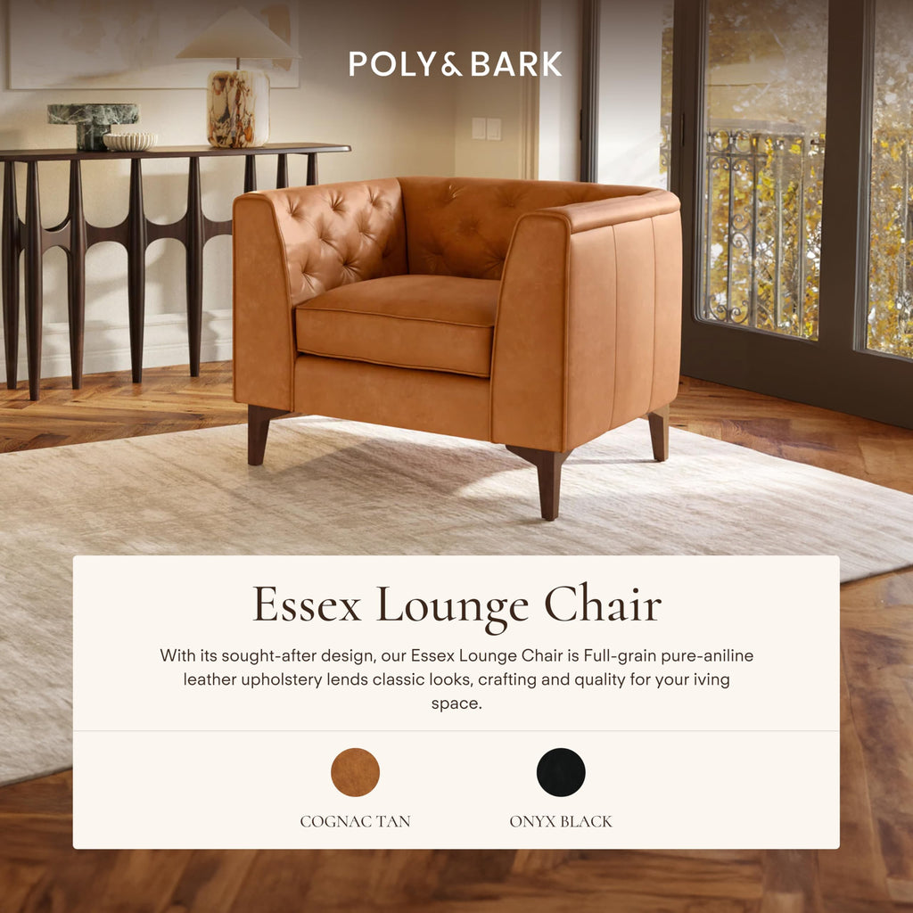 & BARK Essex 40" Lounge Chairs Set of 2 - Cognac Tan Full-Grain Pure-Aniline or Semi-Aniline Italian Leather, Tufted